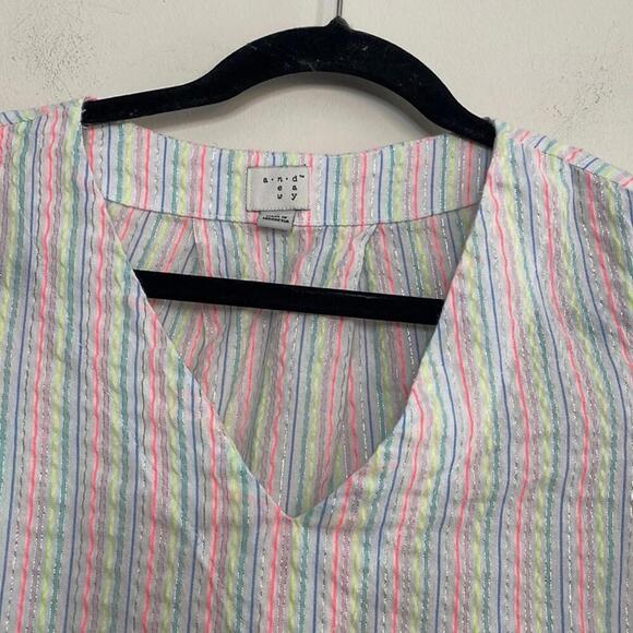 A New Day White and Colorful Striped Semi Sheer Blouse Bell Sleeve - Picture 2 of 8